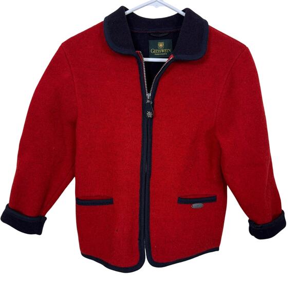 VTG Giesswein Childrens 10 Wool Jacket Red with Navy Pockets GUC Made in Austria - Picture 1 of 7